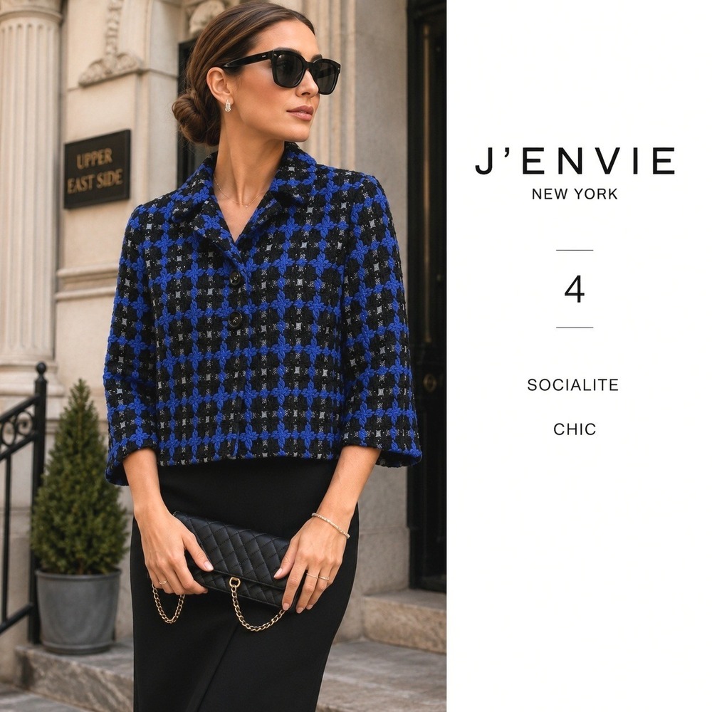 J'Envie New York Blazer Womens 4 Blue Black Tweed Cropped Wool USA VTG Preppy